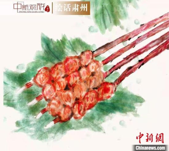 圖為酒泉美食“紅柳烤肉”繪畫作品?！《排d彥 攝