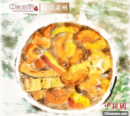圖為酒泉美食“糊鍋”繪畫作品?！《排d彥 攝