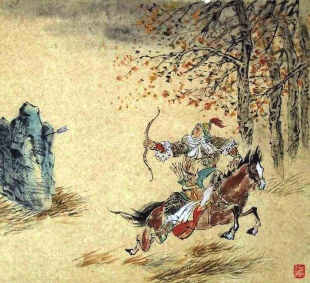 “林暗草驚風(fēng)，將軍夜引弓。”畫作